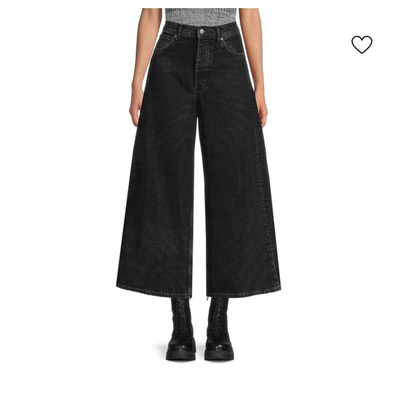 Free People Button Fly High Rise Super Wide Leg Cropped Landry Jeans Sz 27 Black - Picture 1 of 9